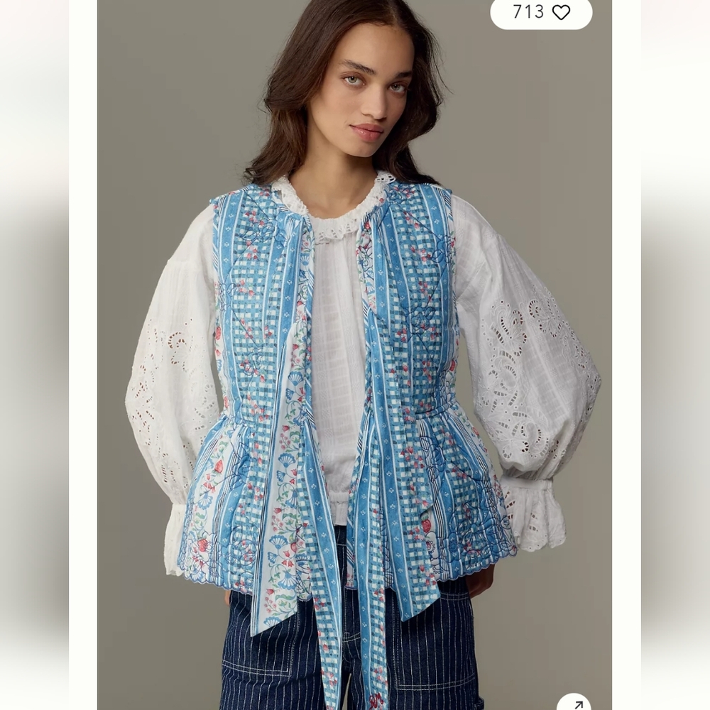Blue Quilted Floral Tie-Front Vest